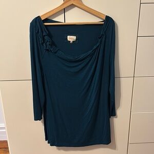 Velvet Deep Teal Long Sleeve Top with Ruffle Detail